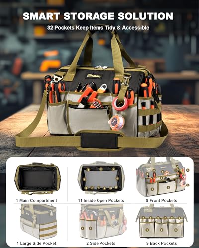 16.5-Inch Heavy Duty Tool Bags for Men, 32-Pocket Large Tool Organizer Storage, 1680D Oxford Tool Bag with Adjustable Shoulder Straps, Tool Storage Bag for HVAC, Electrician, Carpenter, Mechanic