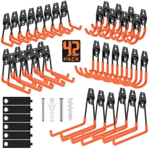 Garage Hooks with Anti-Slip Coating,Heavy Duty Wall Mount Storage Hooks for Hanging Bike,Hose,Ladder,Yard,Garden Tools (42 Pack Orange) - color: 42 Pack Orange