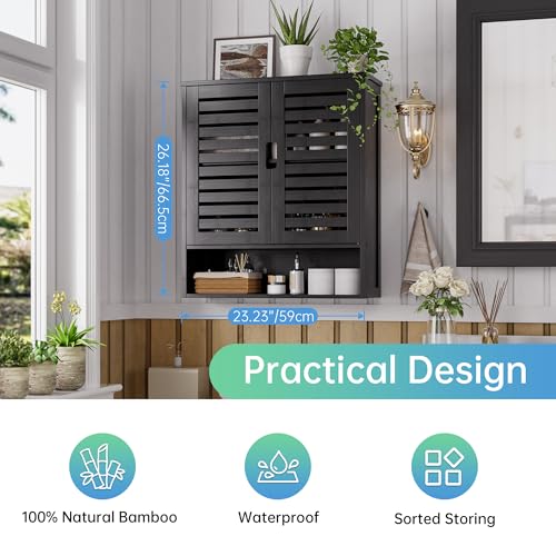 SMIBUY Bathroom Cabinet Wall Mounted, Bamboo Over-The-Toilet Storage Organizer, Space Saver Medicine Cabinet with 2 Door and Adjustable Shelves (Black) - color: Black
