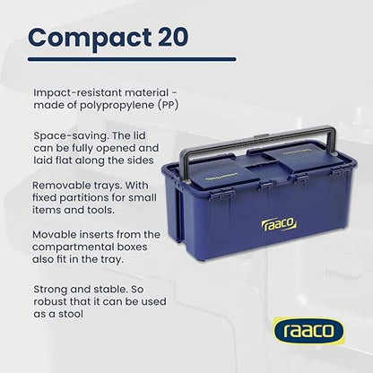 Raaco Tool Box with Drawers & Removable Trays – Durable Plastic Polypropylene (PP) Organizer with Handle, Stackable & Lockable, 66 lb Load Capacity (Compact 20) - style: Close