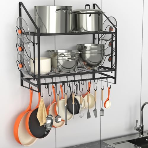 VyGrow 28 Inch Pot Rack Wall Mounted, 2 Tier Pots and Pans Organizer with 20 Hooks and 6 Pot Lid Holders, Heavy Duty Steel Pot and Pan Hanger for Kitchen Cookware Utensils Storage 34.7" Lx13 Wx26.4 H - color: 28"W 2 Tier Black