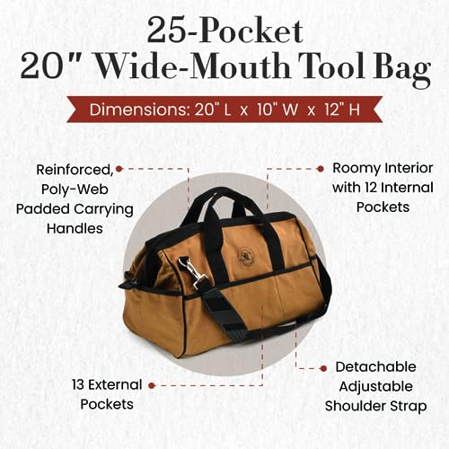 Style n Craft Mason's Tool Bag, Canvas Tool Storage Bag with Full-Grain Leather Bottom - style: 25 Pkt 20" Wide Mouth Tool Bag - Waterproof Canvas