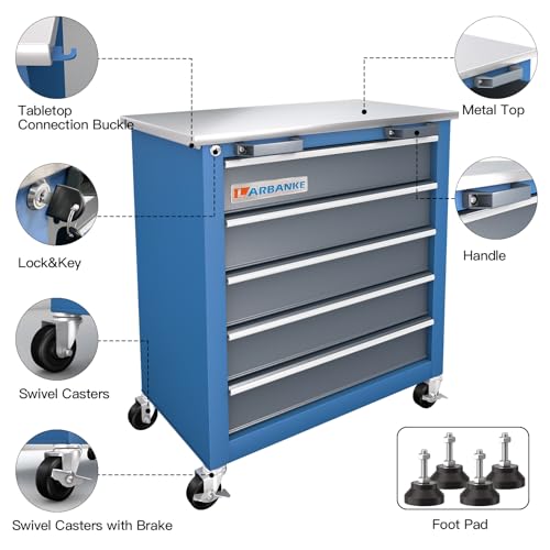 LARBANKE 5-Drawer Rolling Tool Chest,Locking Metal Tool Cabinet with Drawer Liners,Non-Slip Pearl Cotton Mat,360° Wheels for Easy Move,Can be Used in Combination with The Seven-Drawer Tool Cabinet - style: 5 Drawer Rolling Tool Chest with feet pad
