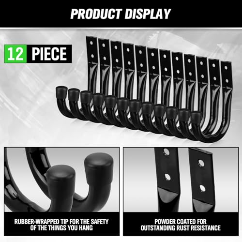 Heavy Duty Garage Storage Hooks, 12-piece Bike Hooks for Garage Wall, Utility Garage Hooks, Wall Mount J Hook for Hanging, Large Metal Storage Organizer Tool, Extension Cord Hanger - style: 12-Piece Black