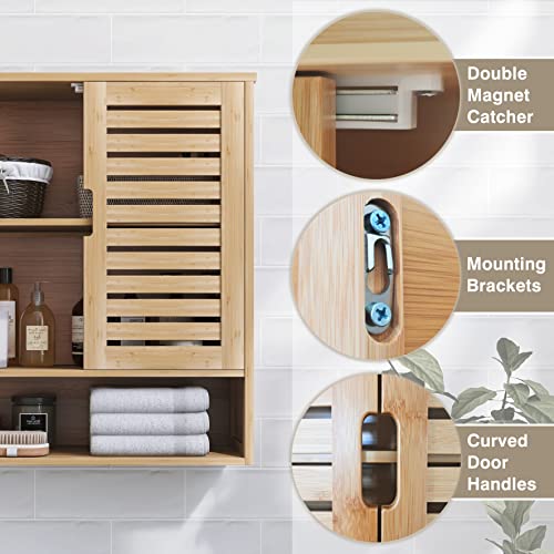 SMIBUY Bathroom Cabinet Wall Mounted, Bamboo Over-The-Toilet Storage Organizer, Space Saver Medicine Cabinet with 2 Door and Adjustable Shelves (Natural) - color: Natural