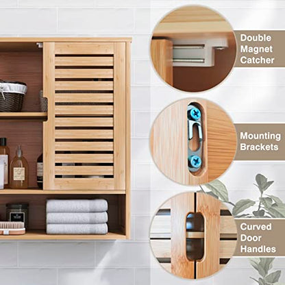 SMIBUY Bathroom Cabinet Wall Mounted, Bamboo Over-The-Toilet Storage Organizer, Space Saver Medicine Cabinet with 2 Door and Adjustable Shelves (Natural) - color: Natural