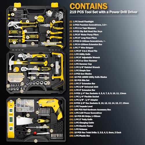 DOWELL 219-Piece Home Tool Set with 3.6V Electric Screwdriver, General Household Tool Kit in Drawer Toolbox for DIY, Furniture Assembly & Repair (Screwdriver, Hex Keys, Wrench, Hammer Included)