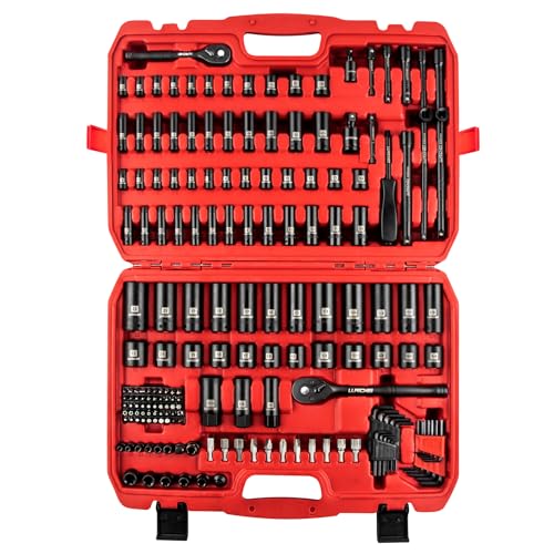 LLNDEI 1/4 & 3/8 Inch Drive Impact Socket Set, 186 Pieces Metric and Standard Full Sockets, CR-V Deep & Shallow Sockets Tool Set with Ratchet Wrench Handle, Spark Plug Socket, Bits for Mechanic - size: 186-piece 1/4" & 3/8" Drive Socket Set