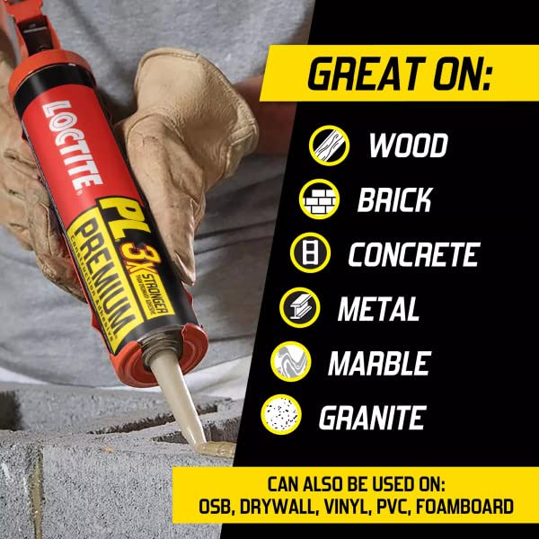 Loctite PL Premium Polyurethane Construction Adhesive, Versatile Construction Glue for Wood, Concrete, Stone, Metal & More- 28 fl oz, Cartridge, 12 Pack - size: 12 Pack, style: 28 fl oz