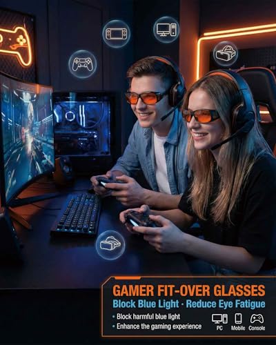 Blue Light Blocking Glasses Wear Over Prescription to Reduce Eye Strain, Lightweight Wraparound Design, Amber-Tint Lenses Block UV400 & 380-500nm Rays, Enhancing Gaming Focus, Better Sleep - color: A01 Black Frame / Orange Lens