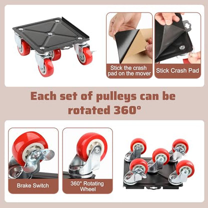 4 Packs Heavy Duty Furniture Dolly with 5 Wheels Rubber Silent Furniture Lift, 3300 lbs Load Capacity, Furniture Lift Tool Set Made of Premium Carbon Steel - size: 6.3in & 4 Dollies