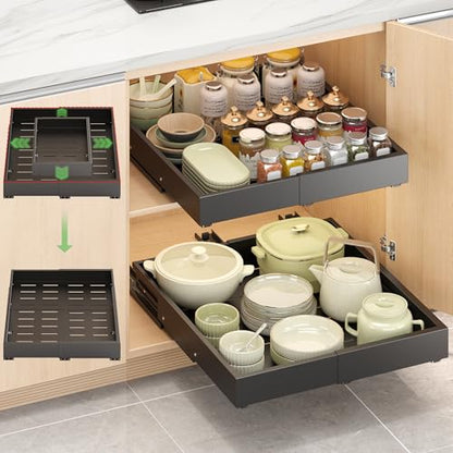 1 Pcs Pull Out Drawers for Cabinets Organizer Expandable Width(11.8"-19.4"), Depth(16.45"-21.7") With 3 Rails, No Drill Roll Out Drawer, Adhesive Sliding Drawers (Black) - color: Black