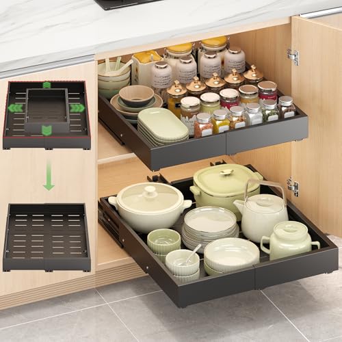 1 Pcs Pull Out Drawers for Cabinets Organizer Expandable Width(11.8"-19.4"), Depth(16.45"-21.7") With 3 Rails, No Drill Roll Out Drawer, Adhesive Sliding Drawers (Black) - color: Black