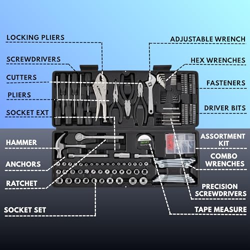 130-Piece Multiple Tool Set with Case – Household Hand Tools Kit for Home, Garage, DIY, Repair & Maintenance – Wrenches, Sockets, Screwdrivers, Pliers, Hex Keys with Handy Carry Organizer