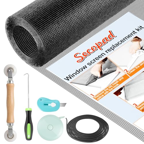 Secopad Window Screen Repair Kit, 39" x 78" Screen Door Mesh Replacement Kit, Durable Fiberglass Roll with Tools for Windows Doors Patio and Porch Replacement, Black - color: Black, size: 39in x 78in