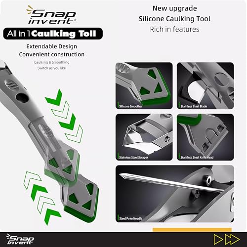 Caulking Silicone Smother Remover Tool, 7-in-1 kit Scraper, Silicone Smoother, Rubber Shovel, 5 Pads, Sickle, 4 Blades. Stainless Steel Nozzle applicator, Tile Grout Removal Set I Green - color: Green