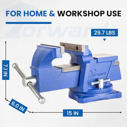 Forward General Purpose Bench Vise 6 Inch Ductile Iron Home Vice with Swivel Base and Anvil, 6" Jaw Width, 5" Max Opening - size: 6 Inch