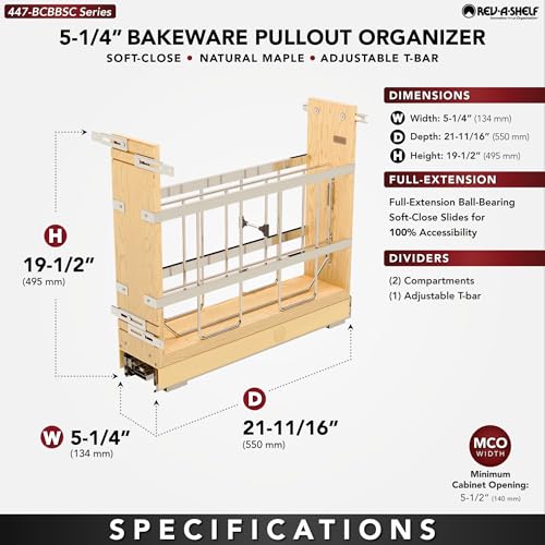 Rev-A-Shelf 5" Pullout Wooden Bakeware Organizer Shelf for Base Kitchen Cabinets w/ Soft-Close and 100 Pound Ball-Bearings, 447-BCBBSC-5C - size: 5 In.