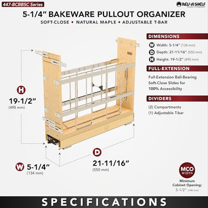 Rev-A-Shelf 5" Pullout Wooden Bakeware Organizer Shelf for Base Kitchen Cabinets w/ Soft-Close and 100 Pound Ball-Bearings, 447-BCBBSC-5C - size: 5 In.