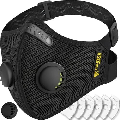 FIGHTECH Dust Mask – Reusable Face Mask with Carbon Filters and Air Valves for Woodworking, Construction, Moving - style: Black Single, Large