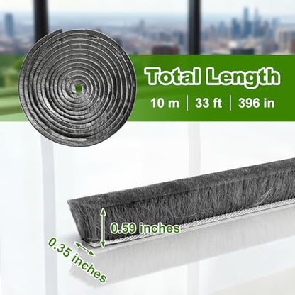 33FT Brush Weather Stripping, 0.35"W x 0.59"T High-Density Self-Adhesive Seal Strip for Doors and Glass Doors, Draft Blocker for Windproof, Dustproof, and Soundproof, Easy Cut & Install, Gray - size: 0.35"x0.59"