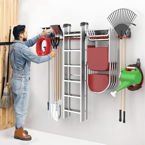 EVERHANGER Garage Tool Storage Organizer Wall Mount, Versatile Garden Tool Rack Organization, Folding Chair Hangers with 8 Multifunctional Hooks, Max Load 330lb, 48inch - size: 8Hooks