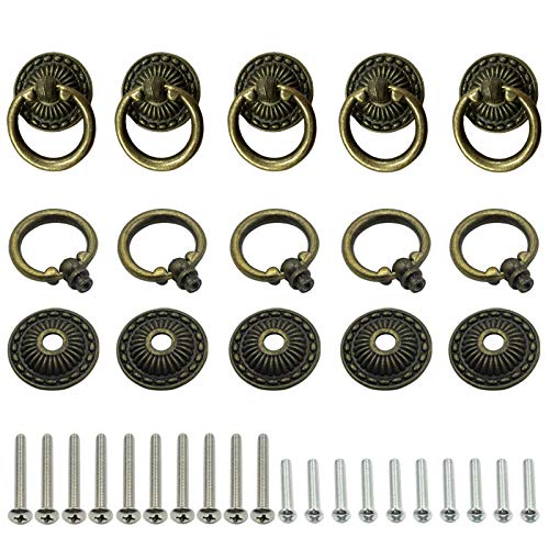Antique Bronze Pulls Ring 10Pcs, 1.34 Inch Drawer Handles, Drop Ring Pulls Vintage Solid Brass Kitchen Cabinet Hardware for Dresser Drawers Wardrobe Cupboard Furniture - color: Bronze, size: D1.34"