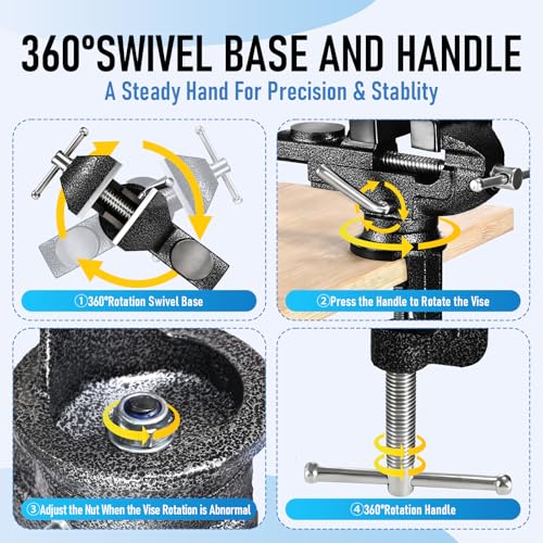 Bench Vise 2.5 inch Table Clamp On Vise,360° Swivel Base Heavy Duty Home Vice Bench Vise For Workbench Clamp Vise for Woodworking,Metalworking, Cutting Conduit, Drilling, Sawing - size: 2 1/2 inch