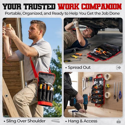 Roll Up Tool Bag, Heavy Duty See-Through Tool Roll Organizer with 2 Detachable Pouches, Portable Mechanic & Motorcycle Tool Bag, Birthday & Father’s Day Gift, Red - color: Red