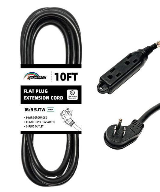 3-Outlets Flat Plug Indoor Extension Cord Outlet Extender, UL Certified, 16 Gauge 10FT Black 3 Prong Heavy Duty, 16/3 SJTW 13A Power Strip - color: Black, size: 10FT, style: 16/3