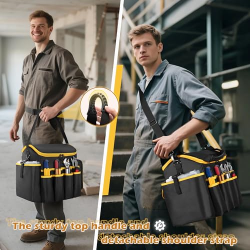 Marscamd Tool Bag with a Detachable Divider and Shoulder Strap, Heavy Duty Tool Tote with Multiple Pockets, Black