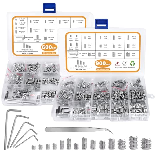 1500PCS Metric & SAE Set Screw Assortment Kit, 32 Size 304 Stainless Steel Internal Hex Allen Grub Head Set Screws for Bathroom Fixtures, Door Handles, Home Repair, Silver, M3-M8, 1/8-40 to 5/16-18 - color: Silver 304 Stainless Steel 1500PCS