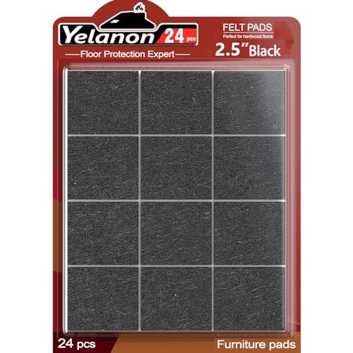Yelanon Felt Furniture Pads for Hardwood Floors -24 Pcs 2.5" Premium Felt Pads for Chair Legs, Floor Protectors for Furniture Black - size: 24pcs Black Square