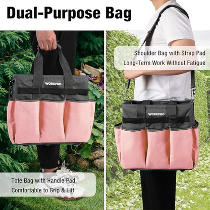 WORKPRO Garden Tool Bag, Heavy Duty Gardening Tote Bag Organizer with 10 Pockets and Long Adjustable Shoulder Strap, Standable Garden Home Tool Kits Organizer, Pink - Pink Ribbon - color: Pink