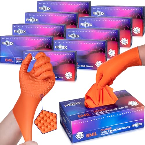 FINITEX Industrial Diamond Texture Nitrile Orange Glove - 100/1000PCS Chemical Resistant 6.3mil Mechanic Disposable Gloves - color: Orange (X-large 1000)