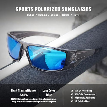 Polarized Sports Sunglasses for Men Women Unbreakable Frame Cycling Fishing Wrap Around Sunglasses UV400 Protection - color: 1-clear Gray Frame/Blue Mirror Lens