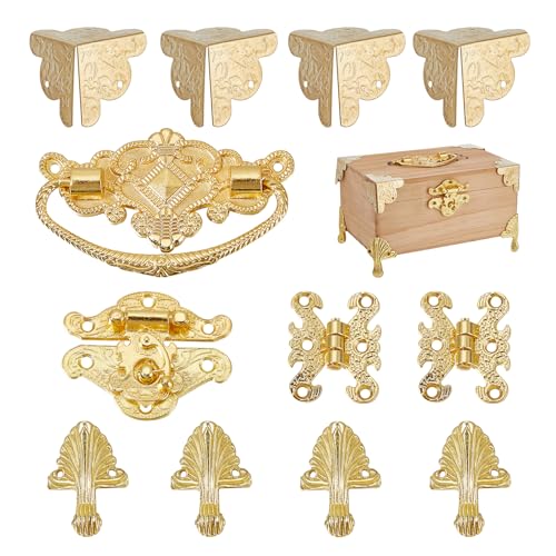 NICENEEDED Gold Jewelry Box Hinges and Latches, Antique Lock Latch Handle Box Corner Protectors Kit, Vintage Engraved Latch Hasp Hinges Hardware Fittings for Wooden Jewelry Box Decoration and Repair