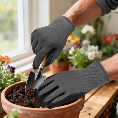 YOUKE OLA 120 Pair Gardening Gloves for Men, Breathable Rubber Coated Garden Gloves Working Gloves for Gardening, Construction Black 10/XLarge