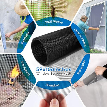 King&Charles Window Screen Door Repair/Replacement Kit, Include Black Screen Mesh 59"x106"+ 2 Roller+50Ft Spline+8Clips+Hook, 6 in 1 Window Mesh Kit, Steel/Nylon Bearing Roller - color: Black, size: 59"×106" Kit