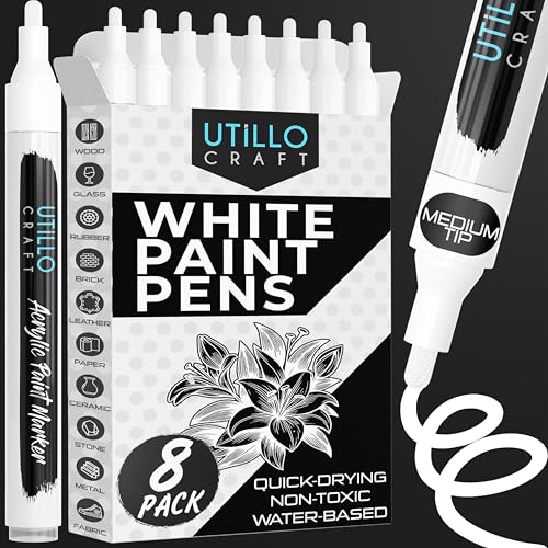 Utillo Craft White Paint Pen (8-Pack) Medium Liquid White Out Pen | Paint Markers for Metal, Fabric, Wood, Glass, Paper, Plastic, Rock, Leather | Bold Color Permanent White Acrylic Paint Pen 2-3mm - color: White, style: Medium 8PK