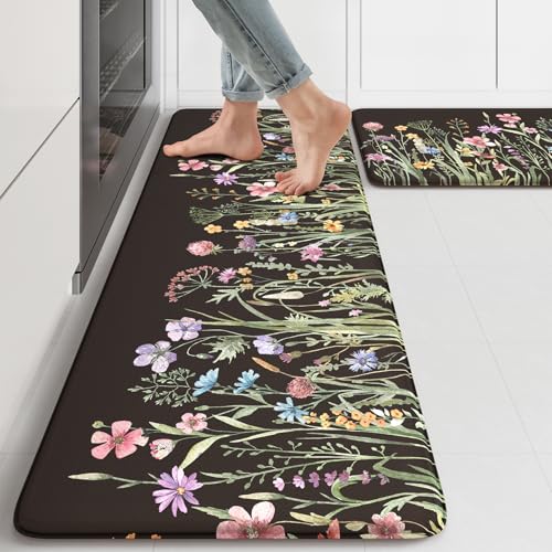 KIMODE Anti Fatigue Mats for Kitchen Floor 17"x47"+17"x29", Farmhouse Floral Kitchen Rugs Sets of 2, Cushioned Kitchen Floor Mats, Non Slip Standing Mat for Sink, Laundry, Office, Desk Black - color: Floral/Black, size: 17.3" x 47"+17.3" x 29"--0.47 inche