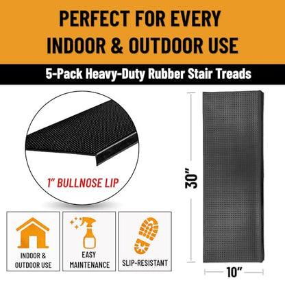Ottomanson Bullnose Stair Treads Outdoor – Dots Heavy-Duty Non-Slip Stair Mats – Best Grip on Concrete, Brick & Textured Step – Fastening Required for Wooden & RV Steps, Pack of 5 - color: Black Grip Dots - Bullnose