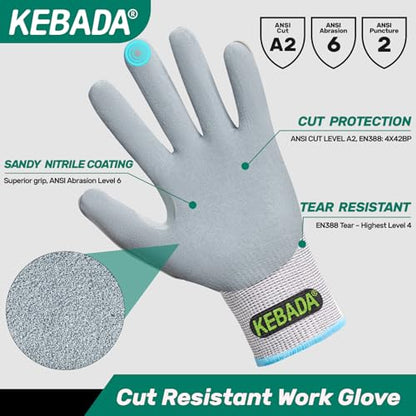 Kebada Impact Protection Gloves, ANSI A2 Cut Resistant Work Gloves with Grip, Touchscreen, Sandy Nitrile Coated - color: Grey (1 Pair), size: X-Large
