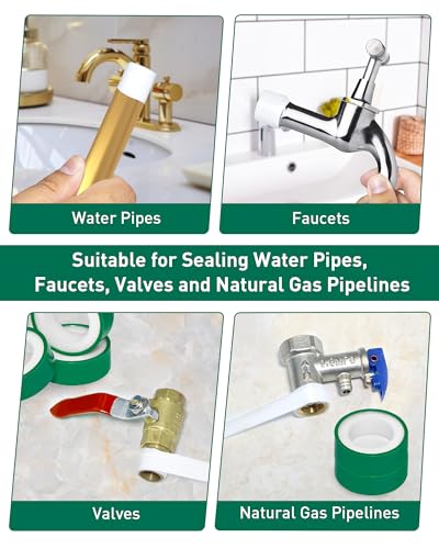 4 Roll Plumbers Tape, -374 to 536 Degree F Temperature Range, Teflon Plumbing Tape, High Density 0.45g/cm, Used for Water Pipes, faucets, valves, L 390 in x W 0.47 in³.Green - style: Green 0.47 in *4 Roll