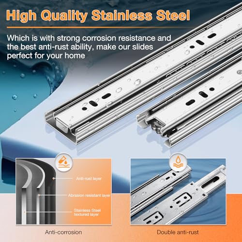 YENUO Stainless Steel Drawer Slides Full Extension 10 12 14 16 18 20 22 24 Inch Side Mount Ball Bearing Dresser Cabinet Kitchen Rails Track Guide Glides Runners Heavy Duty 100 Lbs (1 Pair, 14 Inch) - color: White-Stainless Steel, size: 14 Inch