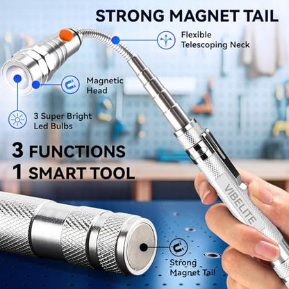 VIBELITE Extendable Magnetic Flashlight with Telescoping Magnet Pickup Tool-Cool Gadget Gifts for Men, Women, Him, Teen Boys, Husband, Dad, Father, Mechanic, Birthday Gifts for Men, Silver - style: Sliver Magnetic Tool