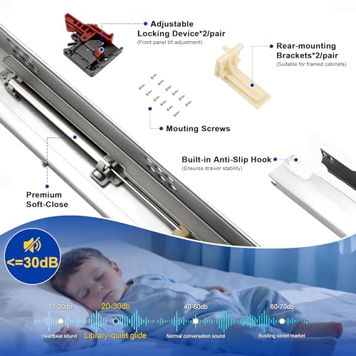 Knobonly 4 Pairs 18 Inch Undermount Drawer Slides Soft Close, Bottom Mount Full Extension Cabinet Rails, Heavy Duty Zinc Plated 85 LB, Includes Mounting Hardware for Multi-Drawer Replacement - size: 18 Inch, style: Soft Close - 4 Pairs