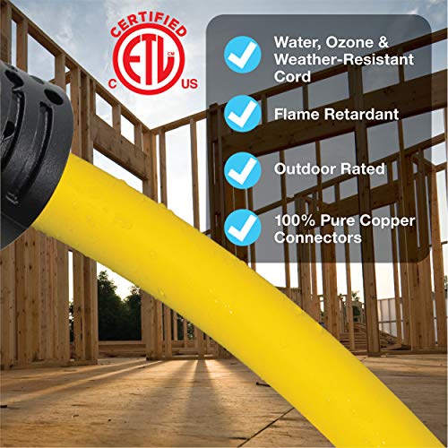 Clear Power 25 ft 14/3 SJTW 3 Outlet Heavy Duty Outdoor Extension Cord, Water, Weather & Kink Resistant, Flame Retardant, Yellow, 3 Prong Grounded Plug, CP10124