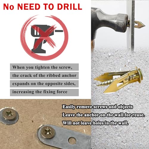 200Pcs Self Drilling Drywall Anchors with Screws Kit, 100 Sheetrock Anchors (0.47x1.18inch) & 100#8x1-1/4inch Zinc Screws, No Drill Needed, for Picture Frames, Wall Hanging, Art, Shelves - size: 0.47x1.18 Inch-200pcs