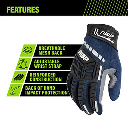 AWP Pro Protect Work Gloves for Men And Women, Full Back-Of-Hand TPR Impact Protection, Large - size: Large